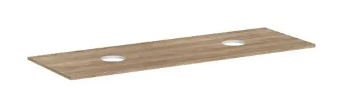 Kombinierte Konsole mit zwei Ausschnitten, geeignet für Aufsatzwaschtische, in Holzoptik mit natürlicher Eichenfarbe, von Hansgrohe.